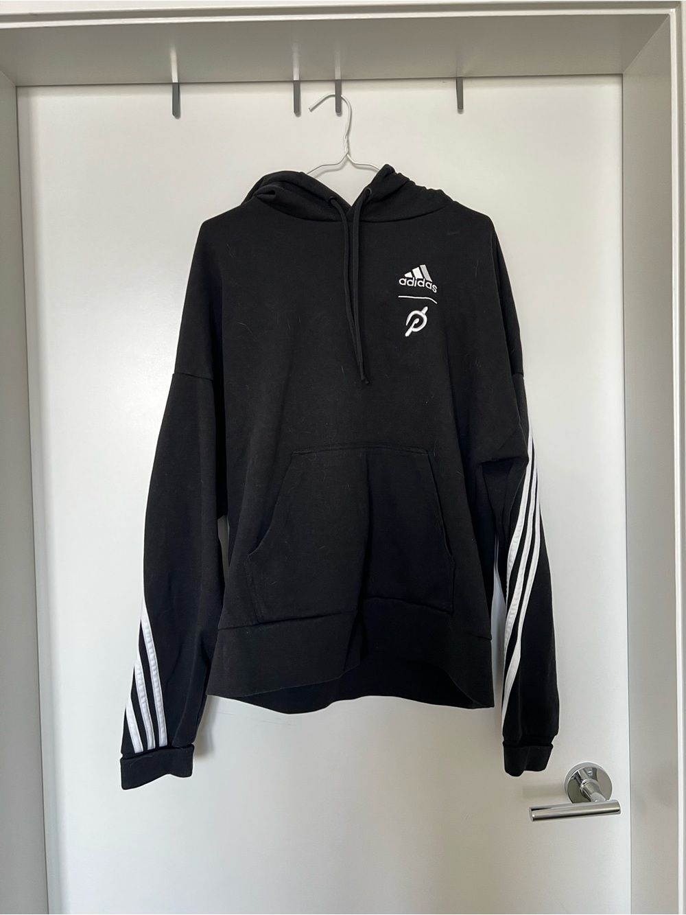 adidas x Peloton Black Crewneck Hoodie with White Stripe Sleeves